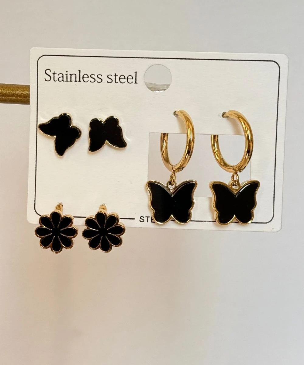 Çelik 6'Lı Siyah Kelebek Küpe