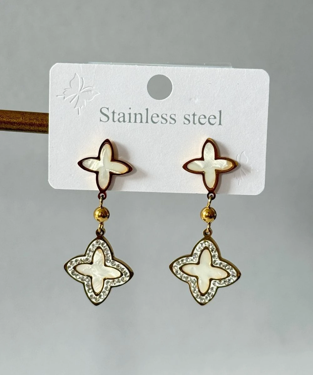 Çelik Sedef Sallantılı Taşlı Yonca Küpe