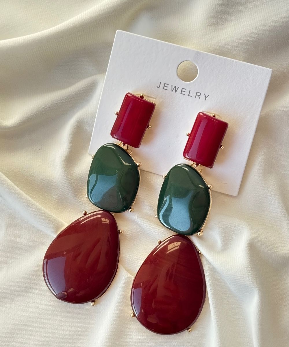 Bijuteri Sallantılı Kırmızı Yeşil Taşlı Küpe