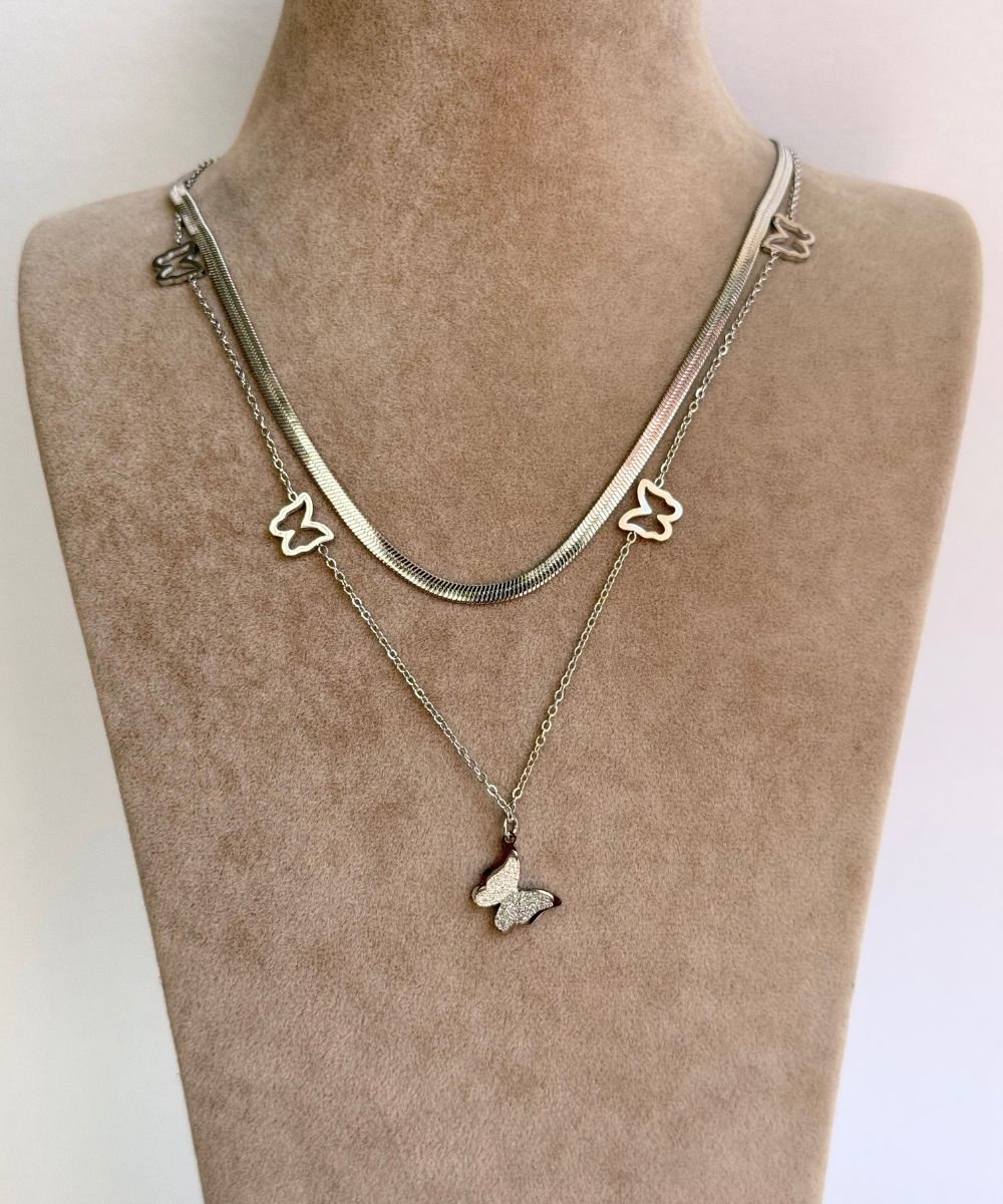 Çelik 2'Li İtalyan Zincirli Simli Kelebek Kolye