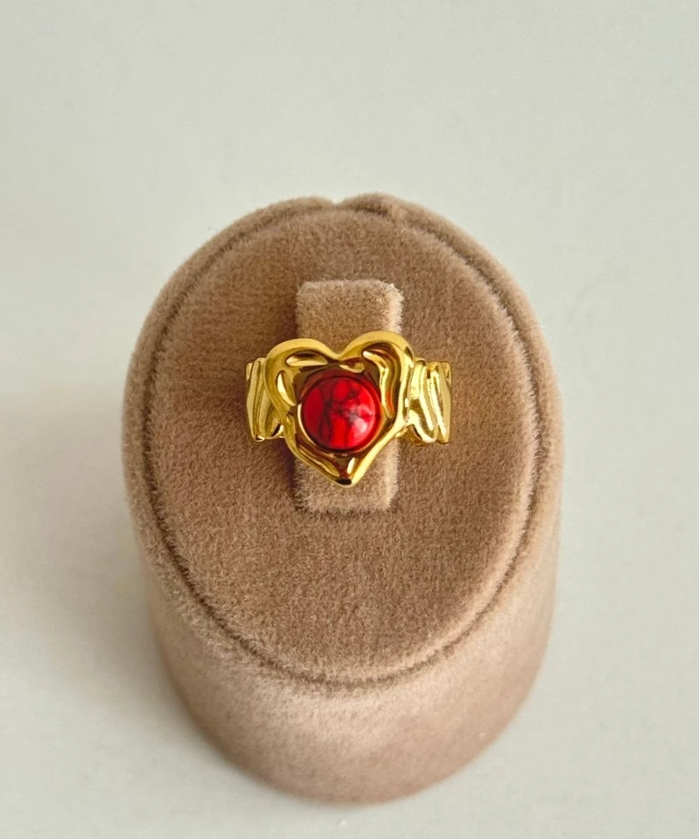 Çelik Kalp Kırmızı Taşlı Vintage Ayarlamalı Yüzük