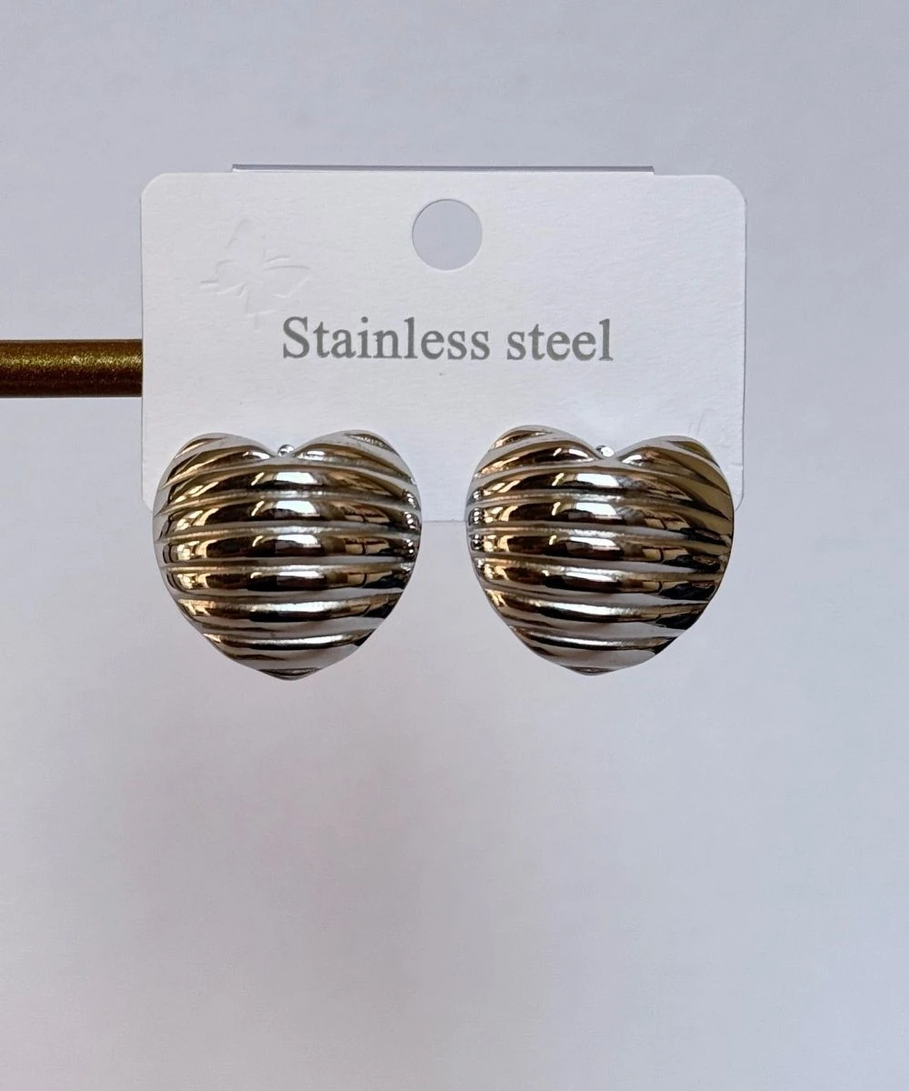 Çelik 2'Li Çizgili Kalp Silver Küpe