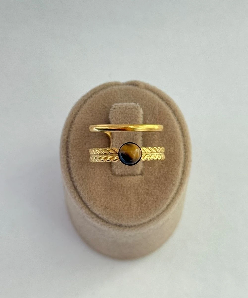 Çelik 2'Li Burgulu Kahve Taşlı Ayarlamalı Yüzük