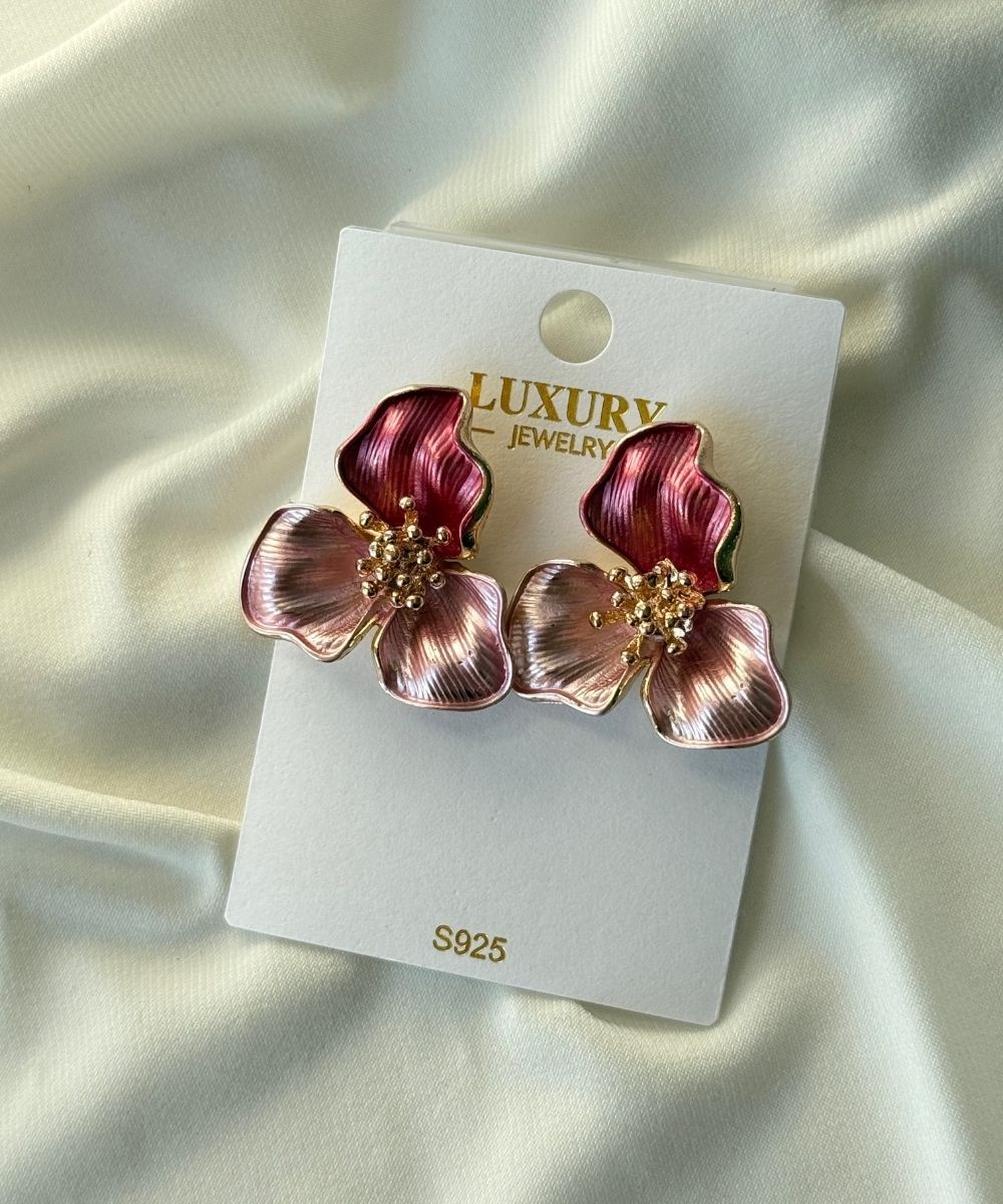 Bijuteri Pembe Mor Çiçek Küpe