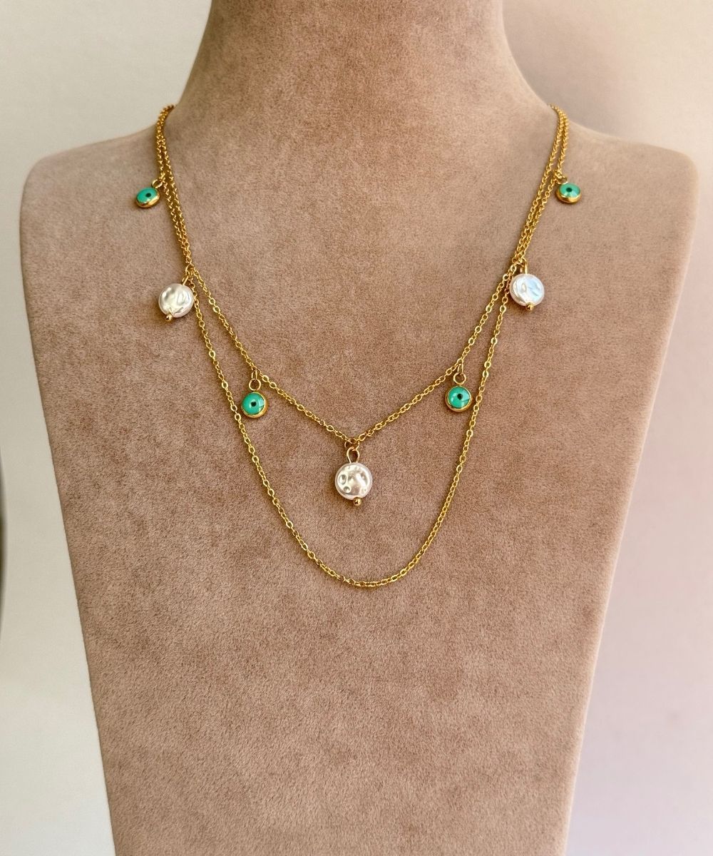 Çelik 2'Li Sedefli Yeşil Nazarlık Kolye