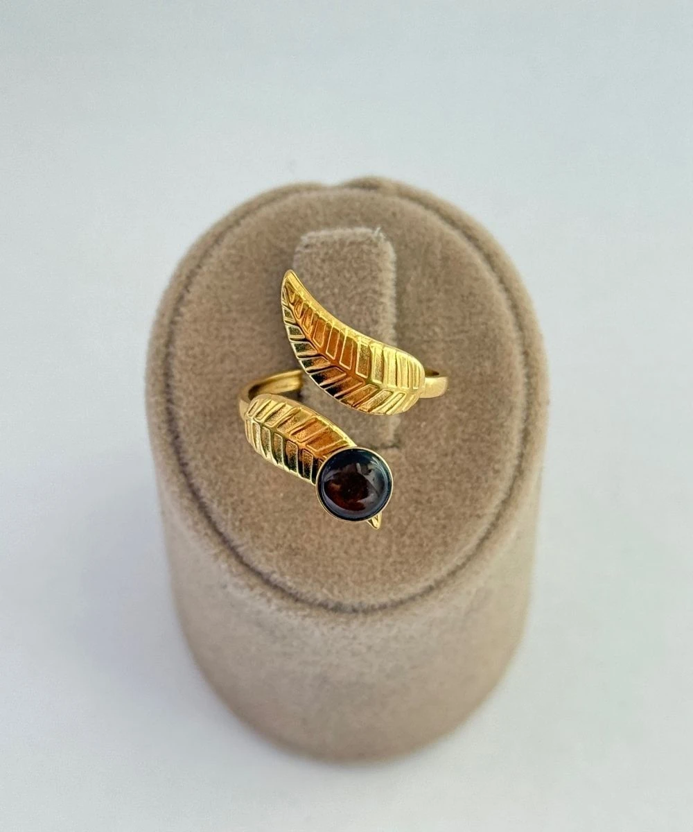 Çelik Kahve Taşlı Yaprak Sarmal Ayarlamalı Yüzük