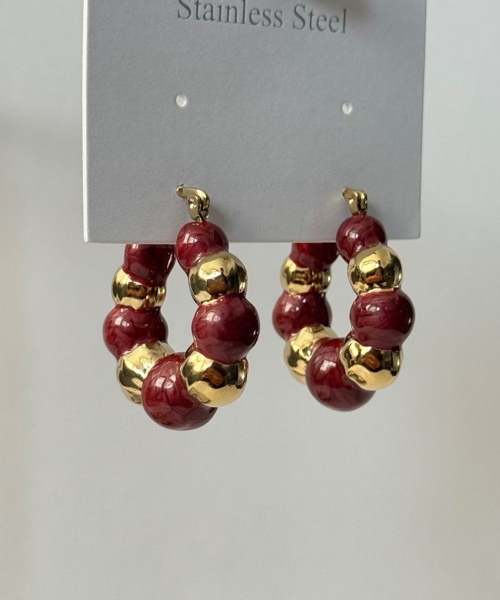 Çelik Kırmızı Boncuk Desen Küpe