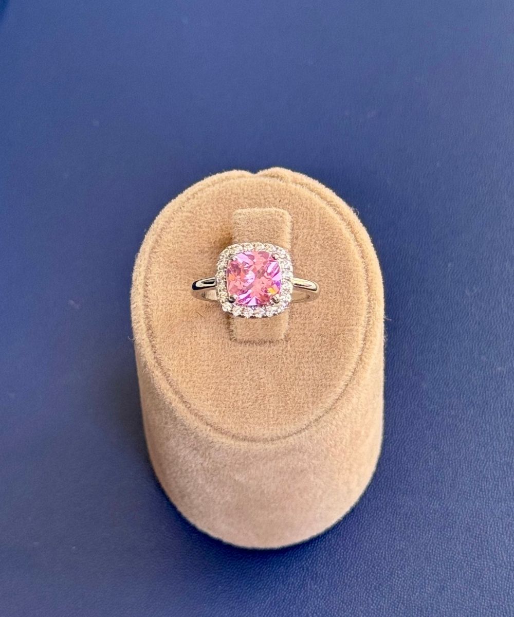 Pirinç Kare Pembe Taşlı Yüzük