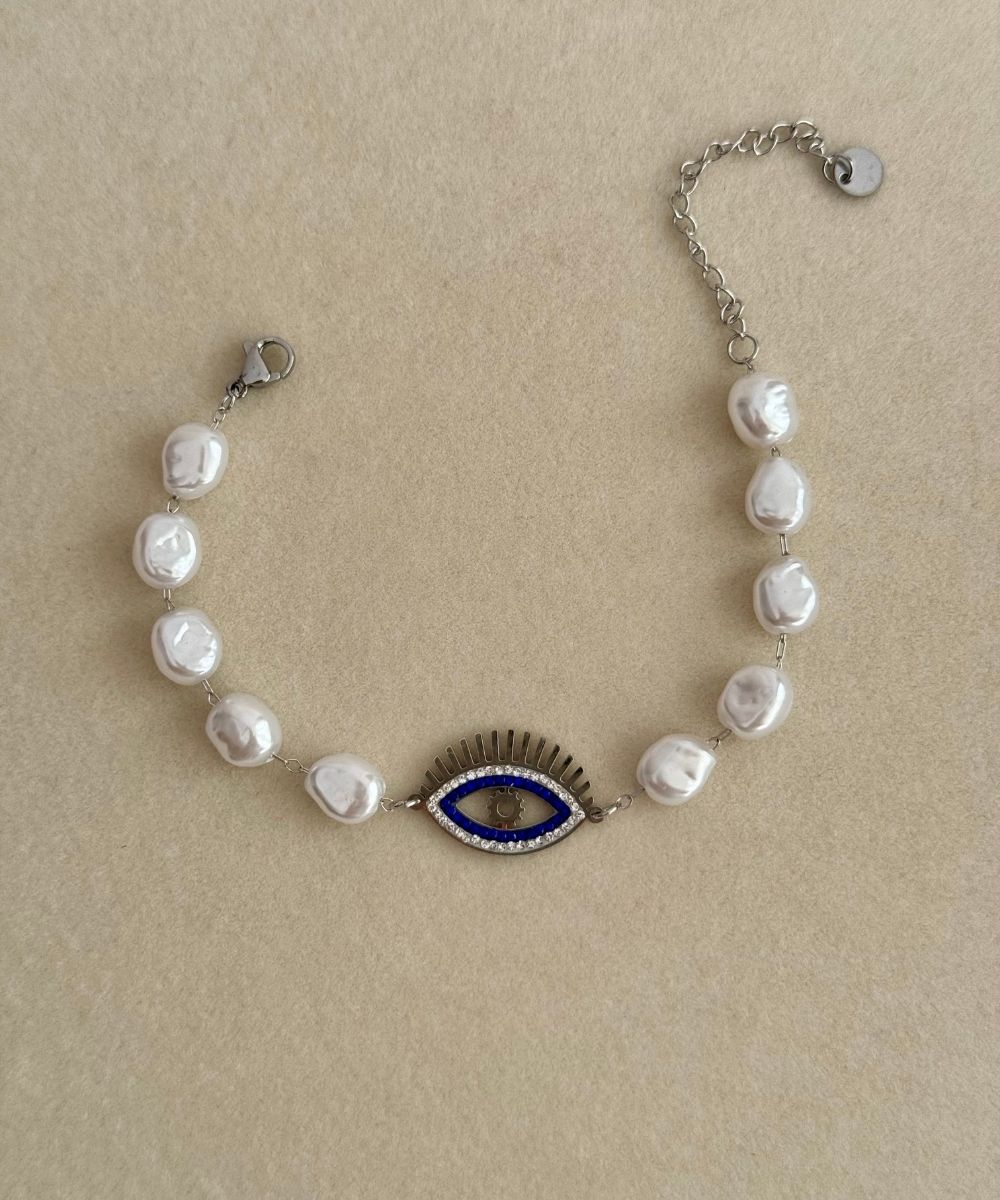 Çelik İnci Taşlı Göz Silver Bileklik