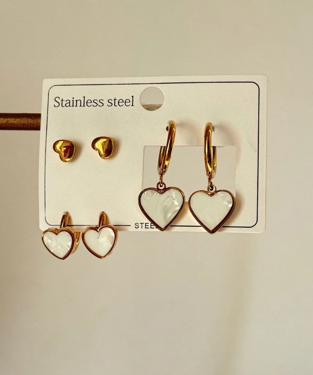 Çelik 6'Lı Sedef Kalp Gold Küpe