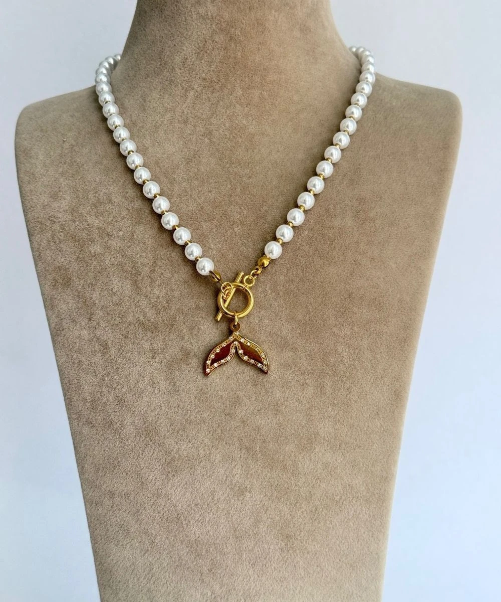 Çelik  İnci Taşlı Yunus Kuyruğu Kolye