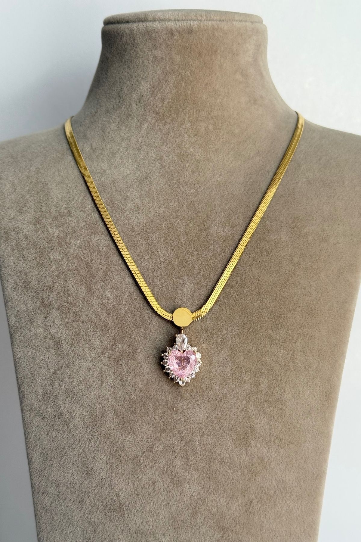 Çelik İtalyan Pembe Taşlı Kalp  Kolye