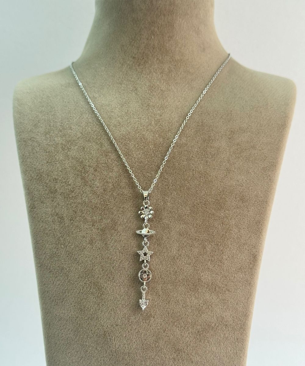 Çelik Ay Yıldız Çiçek Y Kolye Silver