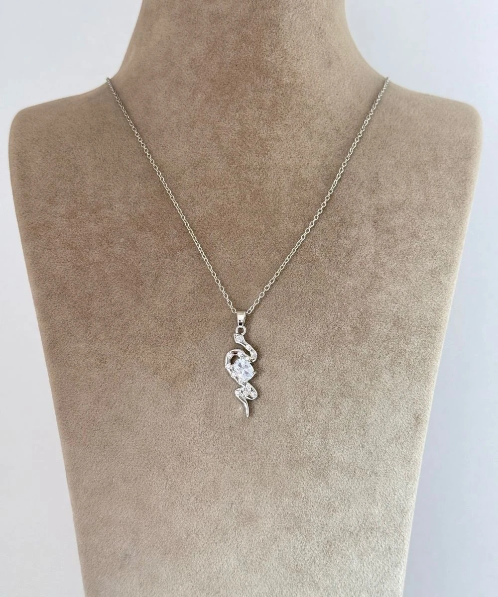 Çelik  Beyaz Taşlı Yılan Kolye