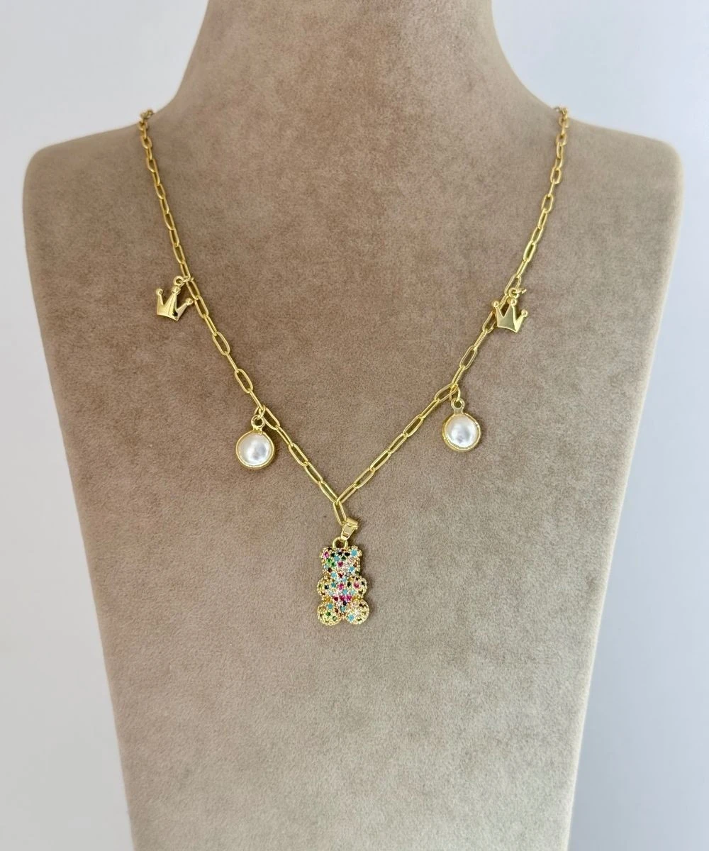 Çelik  İncili Renkli Taşlı Ayıcık Kolye