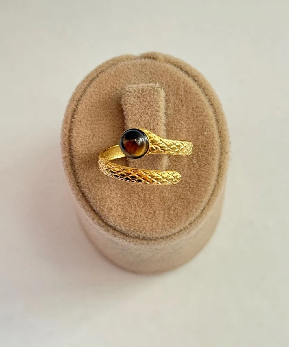 Çelik Kahve Taşlı Burgu Sarmal Ayarlamalı Yüzük