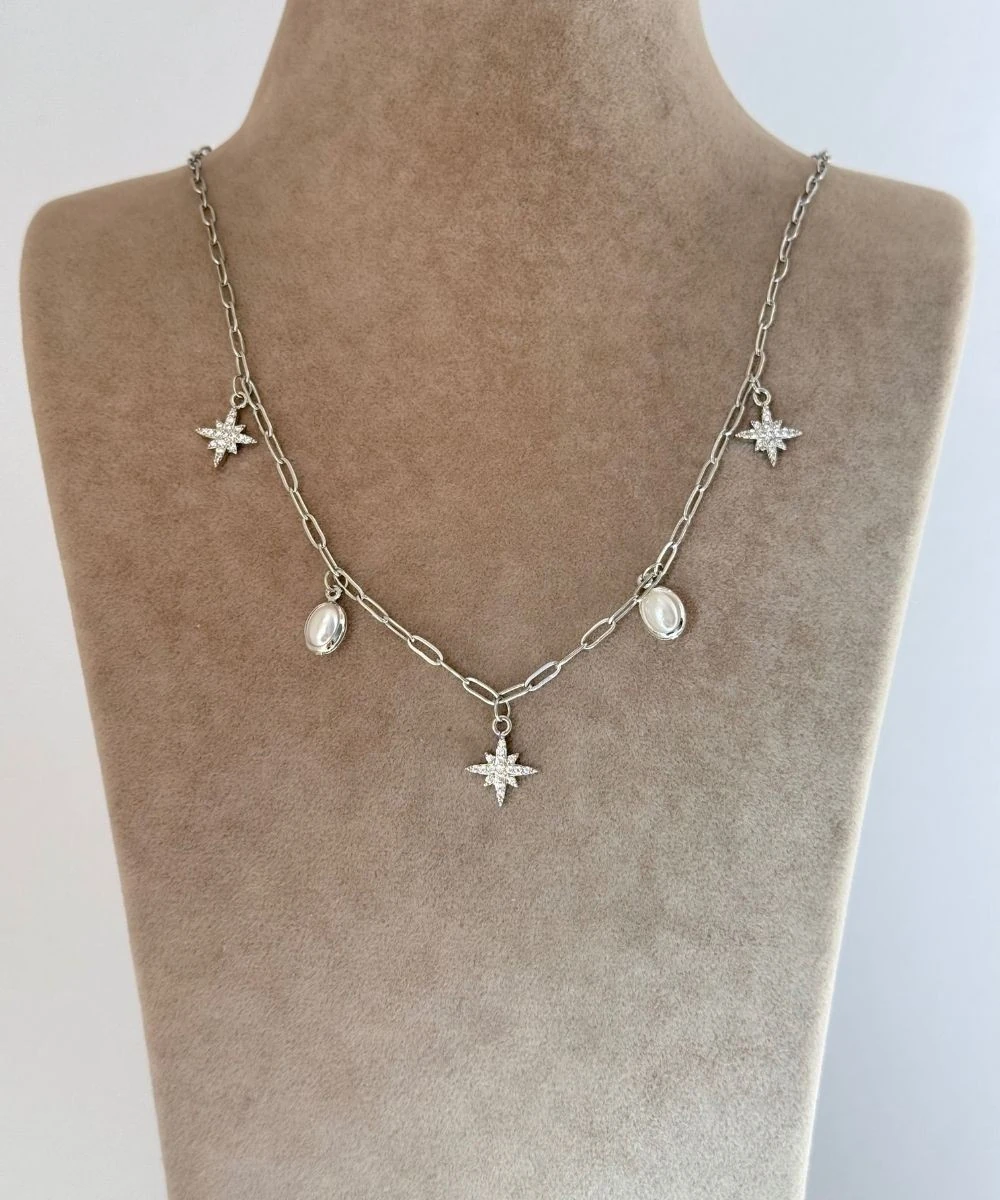 Çelik  İncili Taşlı Kuzey Yıldızı Kolye