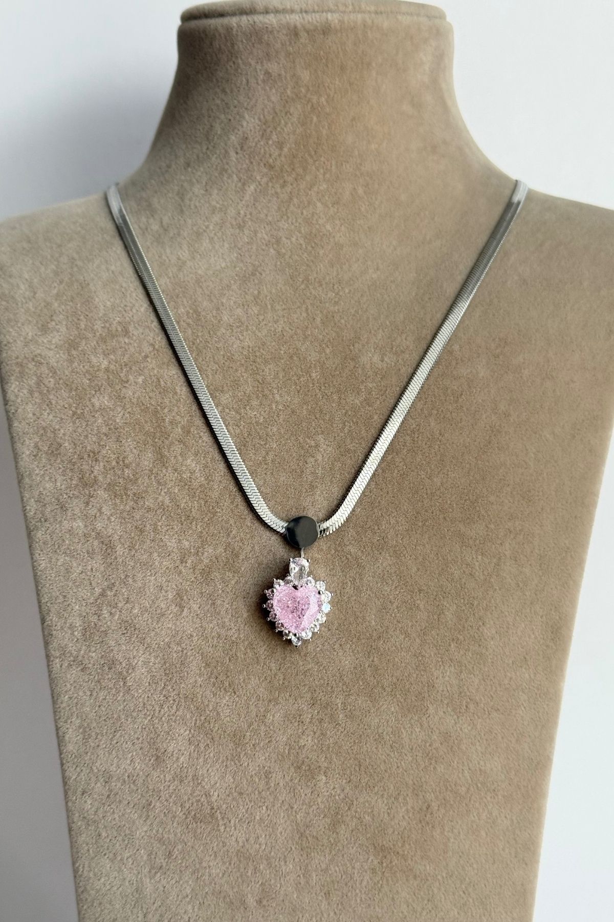 Çelik İtalyan Taşlı Pembe Kalp Kolye