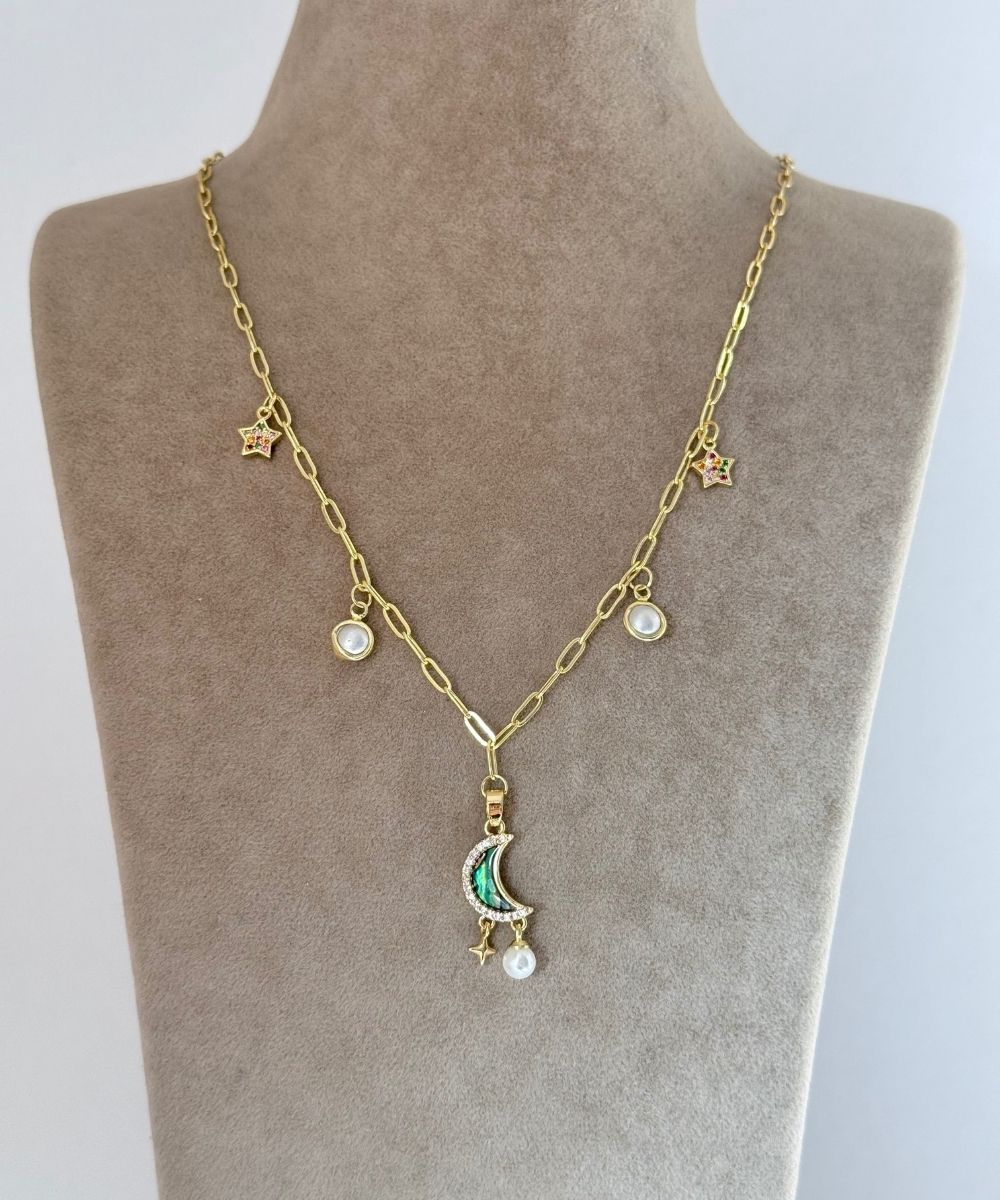 Çelik İnci Taşlı Mavi Yarım Ay Kolye