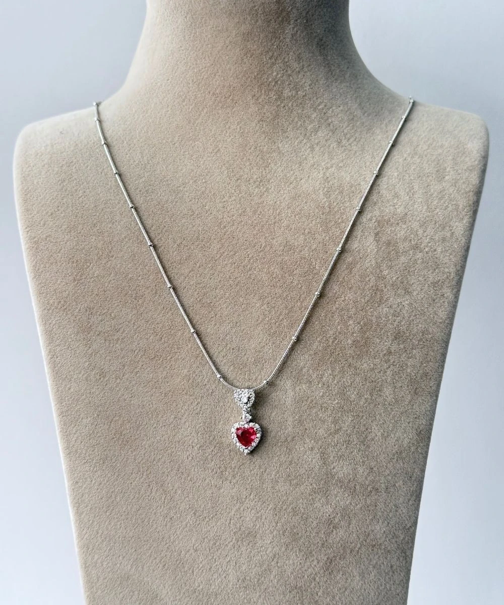 Çelik  Pembe Taşlı Kalp Silver Kolye