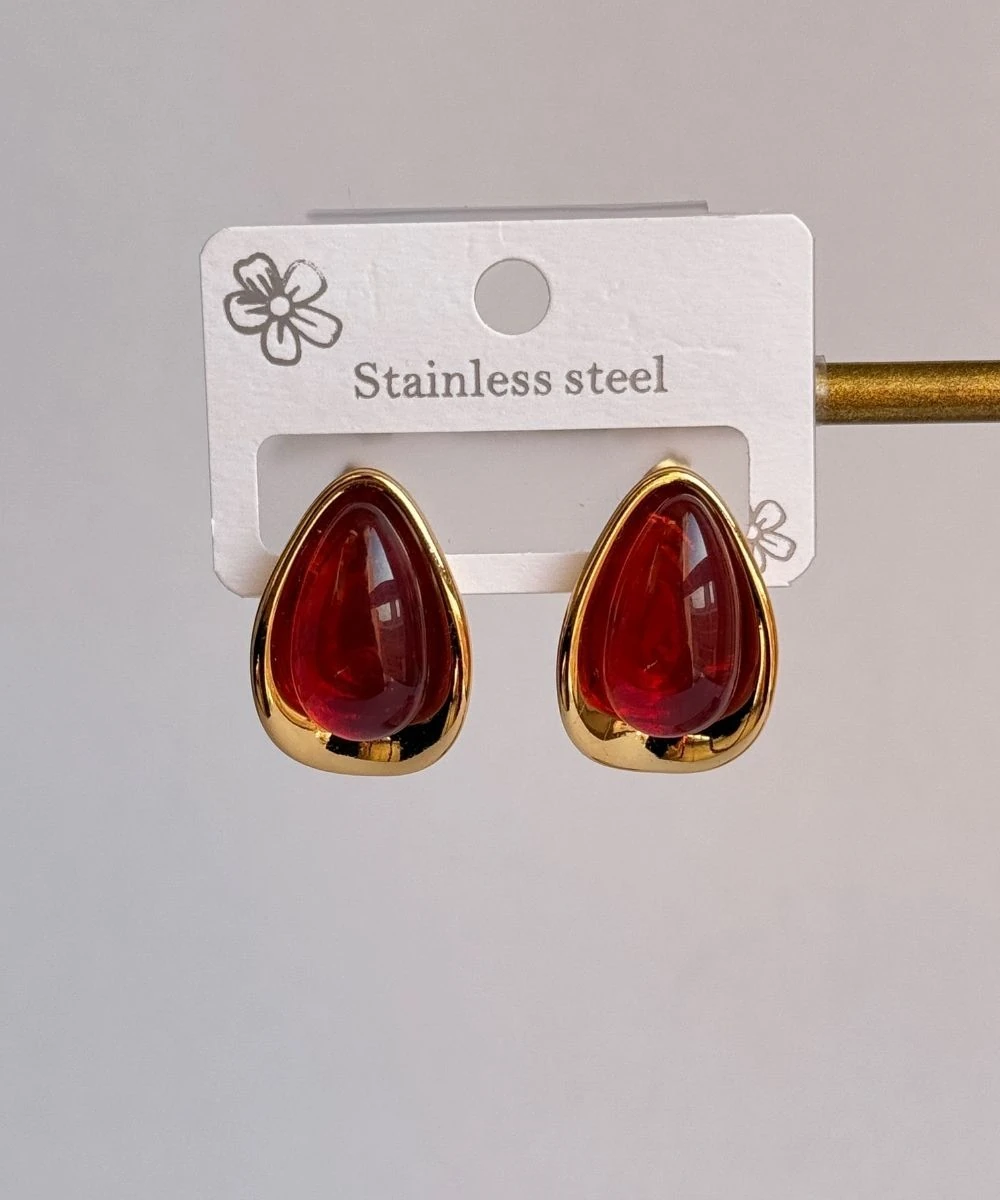 Çelik 2'Li Kırmızı Taşlı Damla Küpe