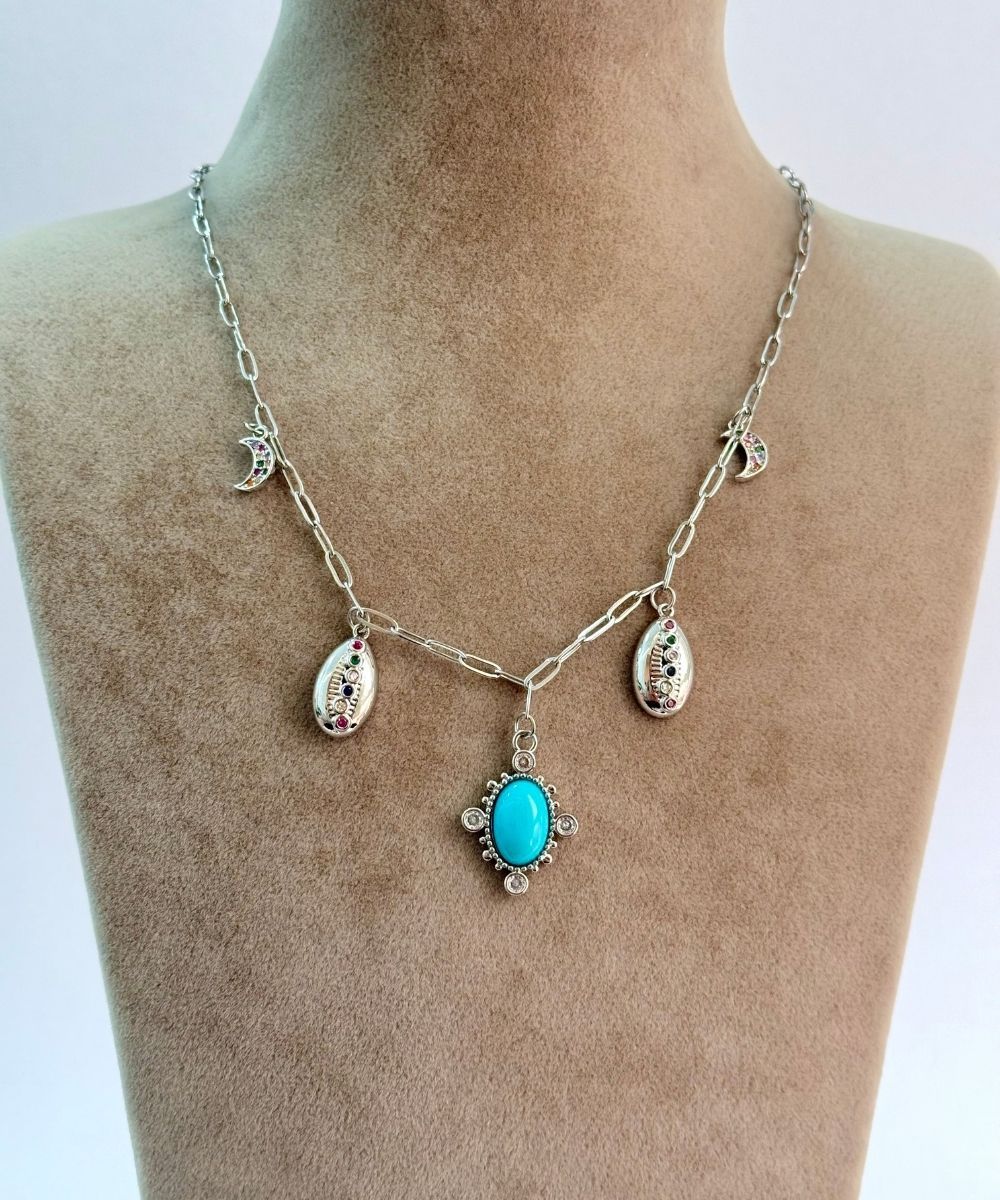 Çelik Mavi Yumurta Ay Silver Kolye