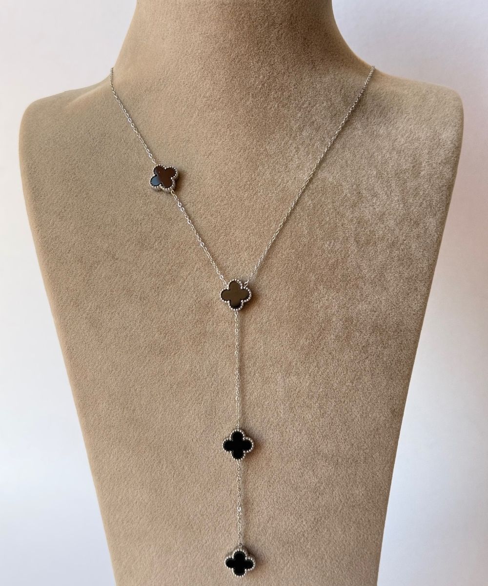 Çelik Siyah Y Yonca Silver Kolye