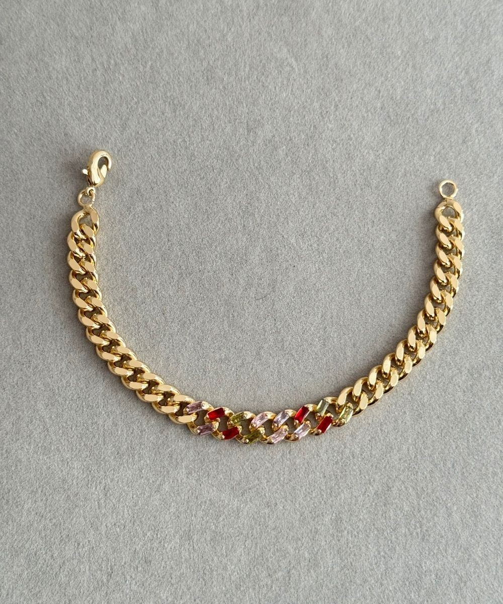 Cmjewelry Sık Zincir Ortası Renkli Taşlı Bileklik