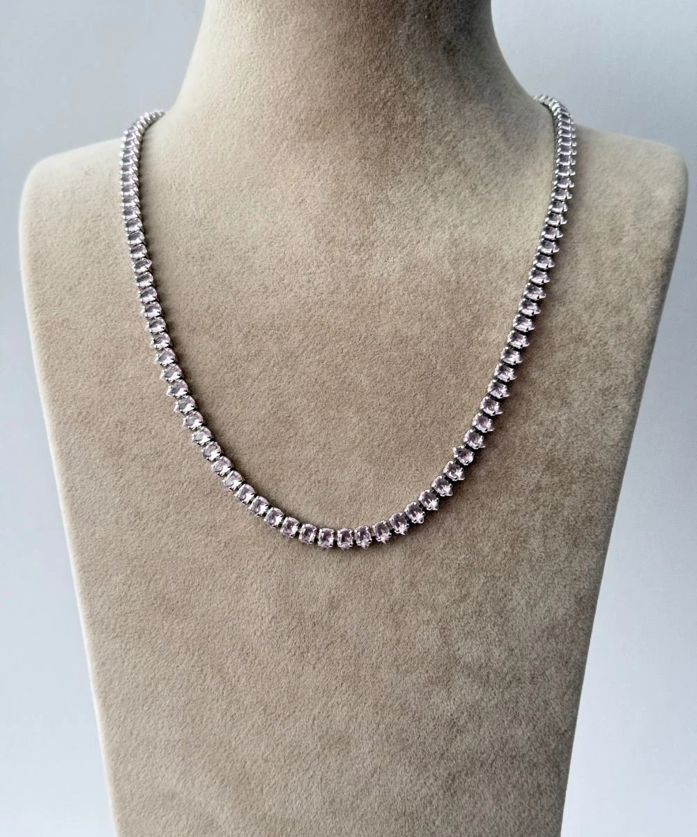 Çelik  Pembe Taşlı Suyolu Arpa Desen Kolye