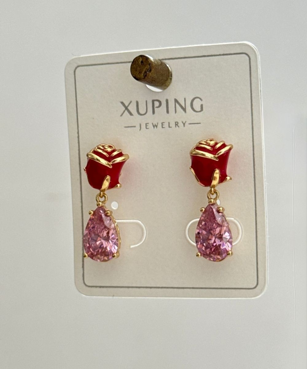 Xuping Pembe Taşlı Kırmızı Gül Küpe
