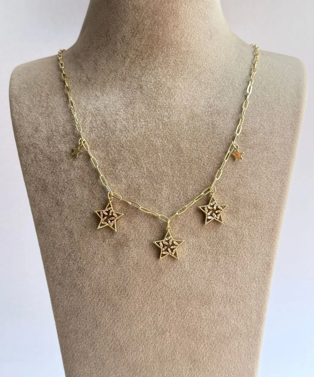 Çelik  Taşlı 3'Lü Yıldız Gold Kolye