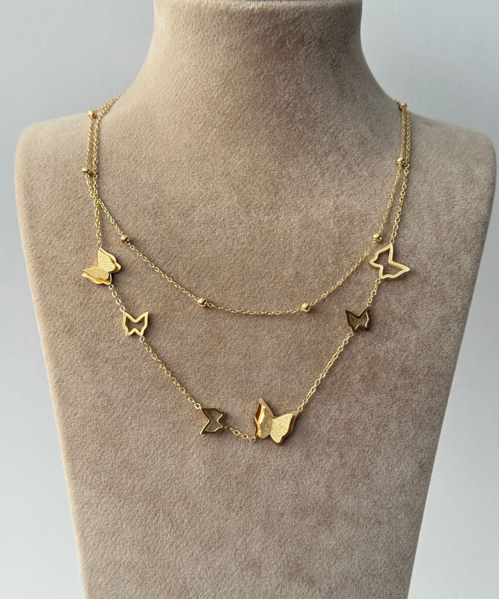 Çelik Kelebek Simli 2'Li Kolye