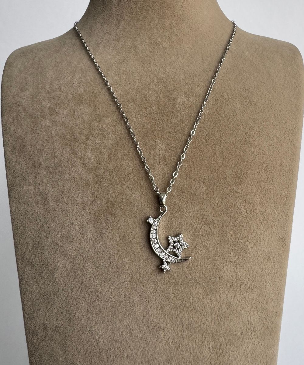 Çelik Ay Yıldız Taşlı Kolye