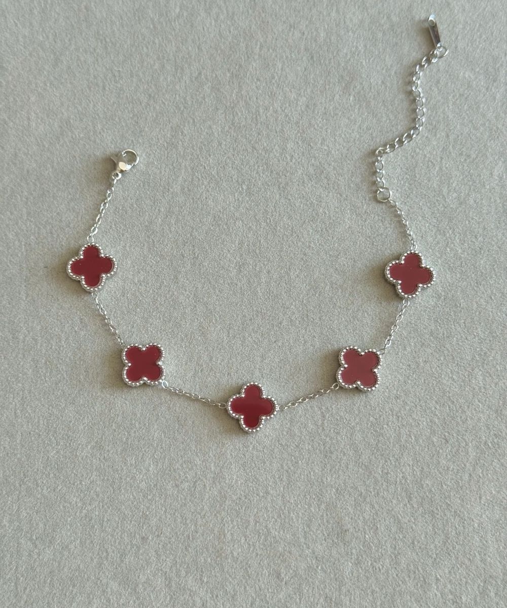 Çelik Bordo Yonca Silver Bileklik