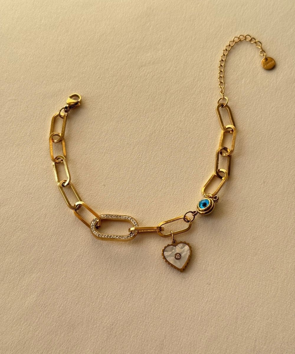 Çelik Sedef Taşlı Kalp Mavi Nazarlık Bileklik