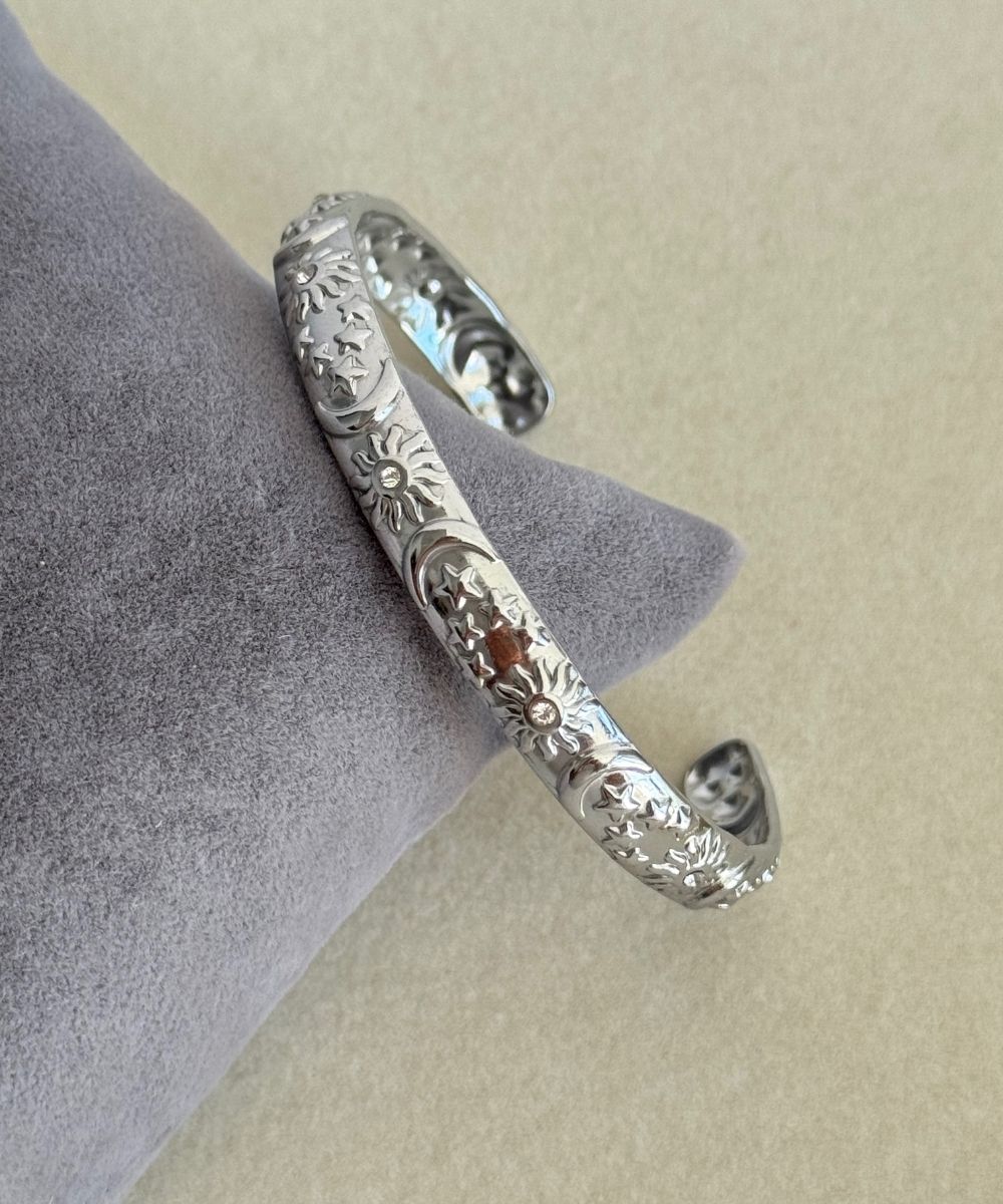 Çelik Gece Beyaz Taşlı Silver Vintage Kelepçe