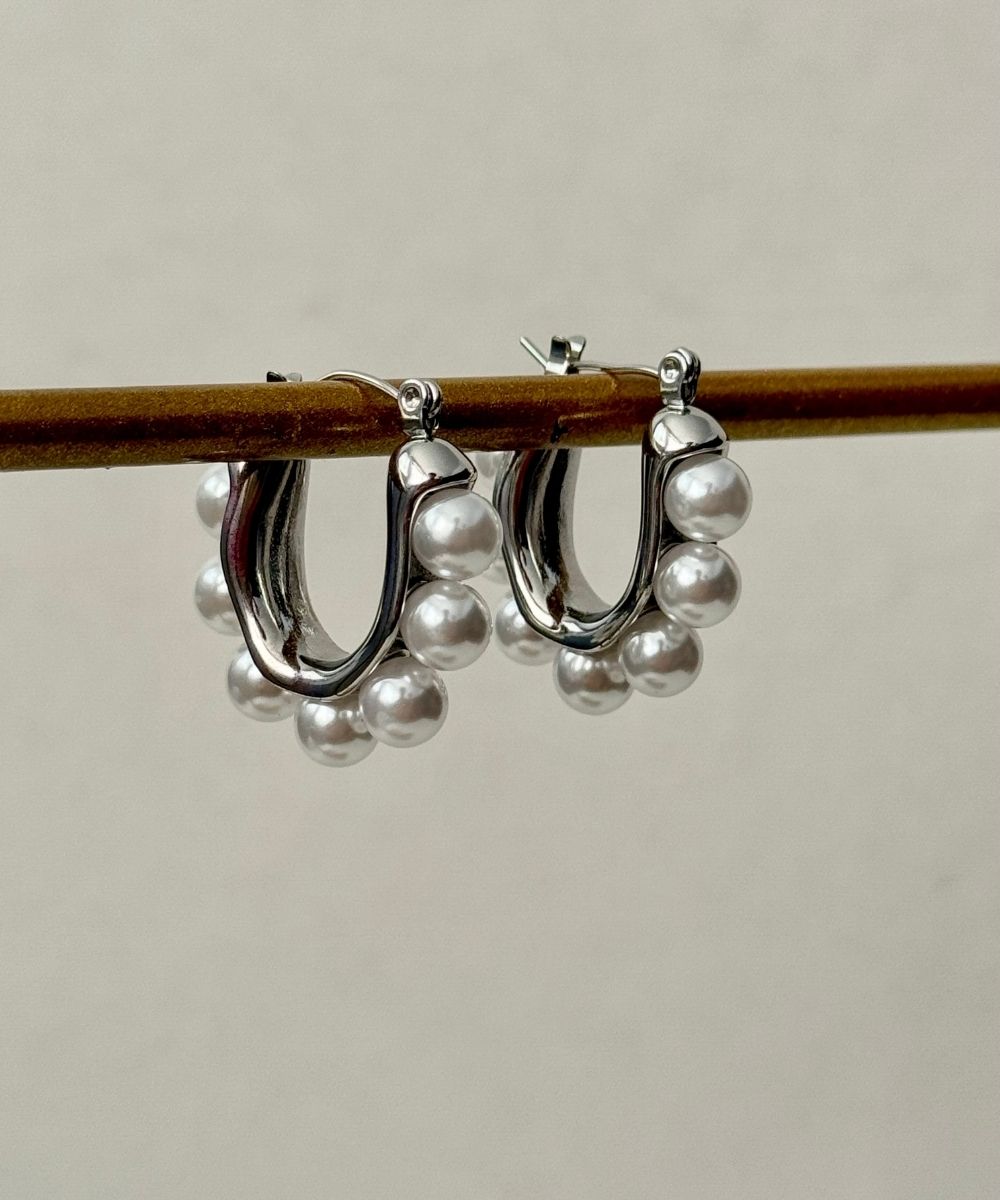 Çelik Elips İncili Silver Küpe