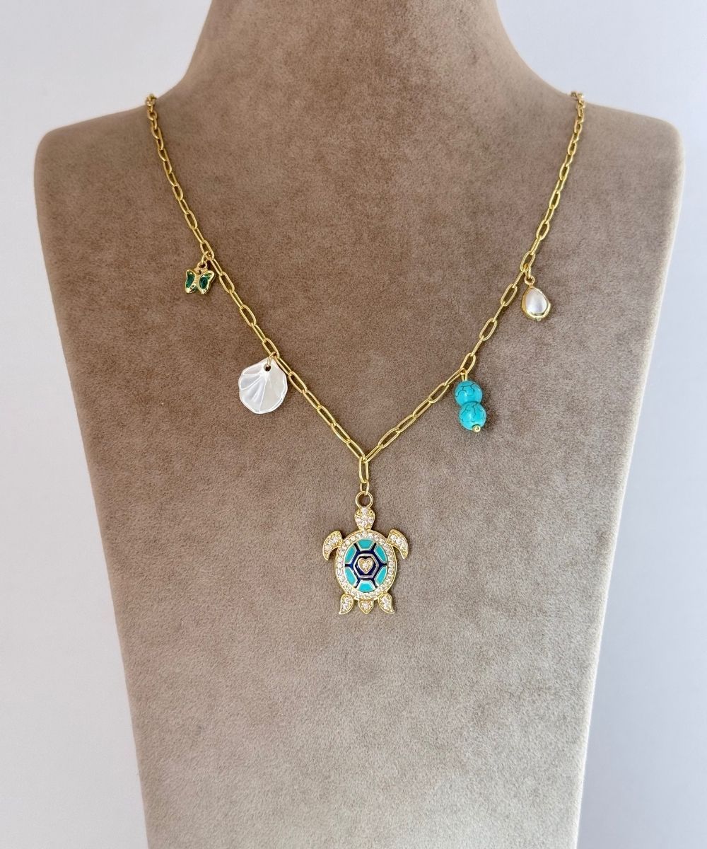 Çelik İnci Taşlı Kaplumbağa Kolye