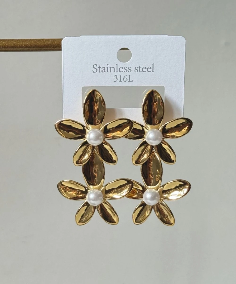 Çelik Çiçek İncili İkili Sallanan Küpe