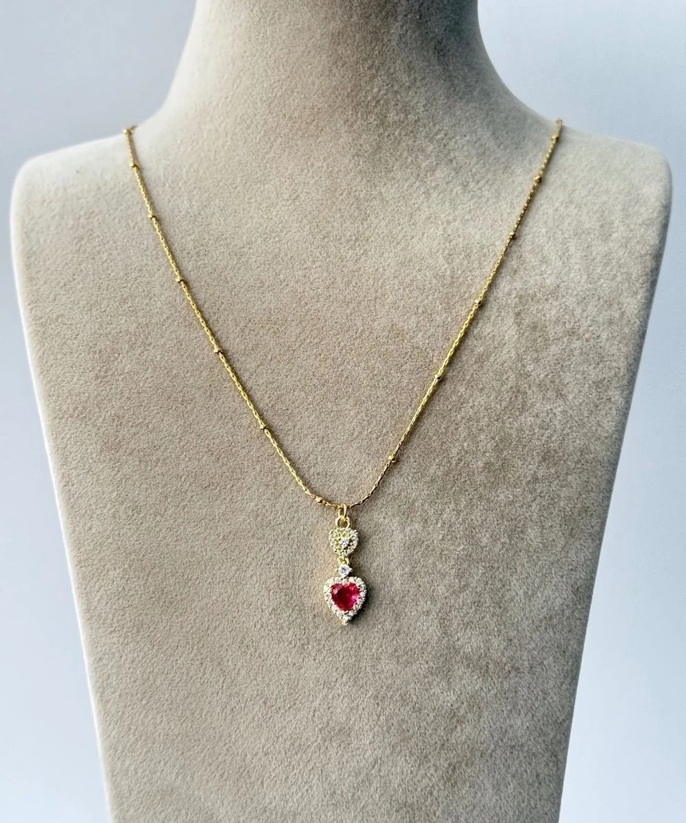 Çelik  Pembe Taşlı Kalp Kolye