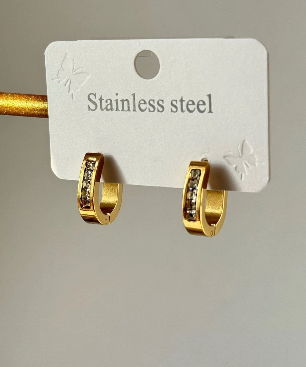 Çelik 2'Li Halka Taşlı Minimal Küpe