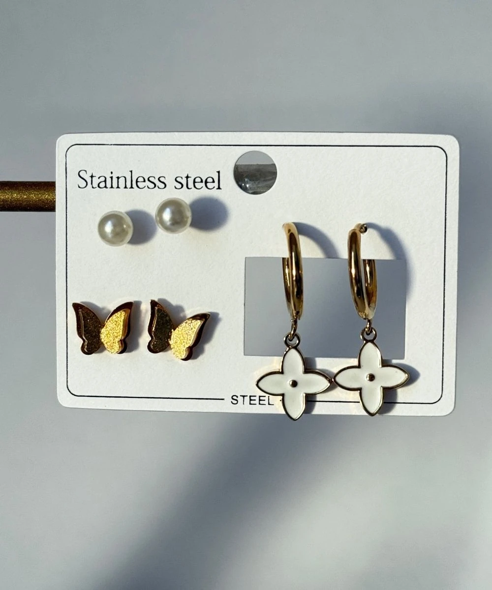 Çelik 6'Lı İncili Parıltılı Kelebek Küpe