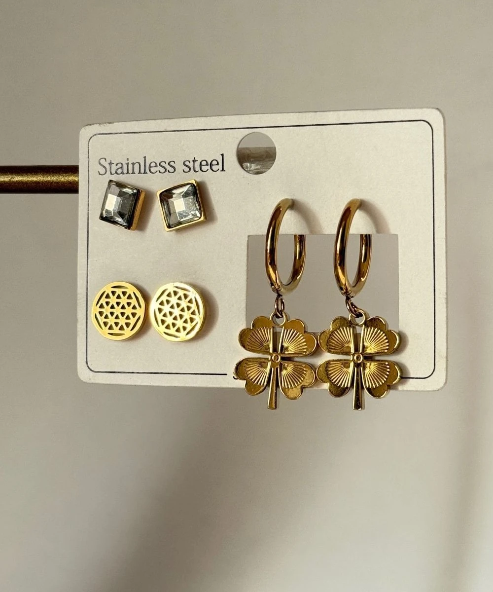 Çelik 6'Lı Taşlı Kalpli Yonca  Küpe