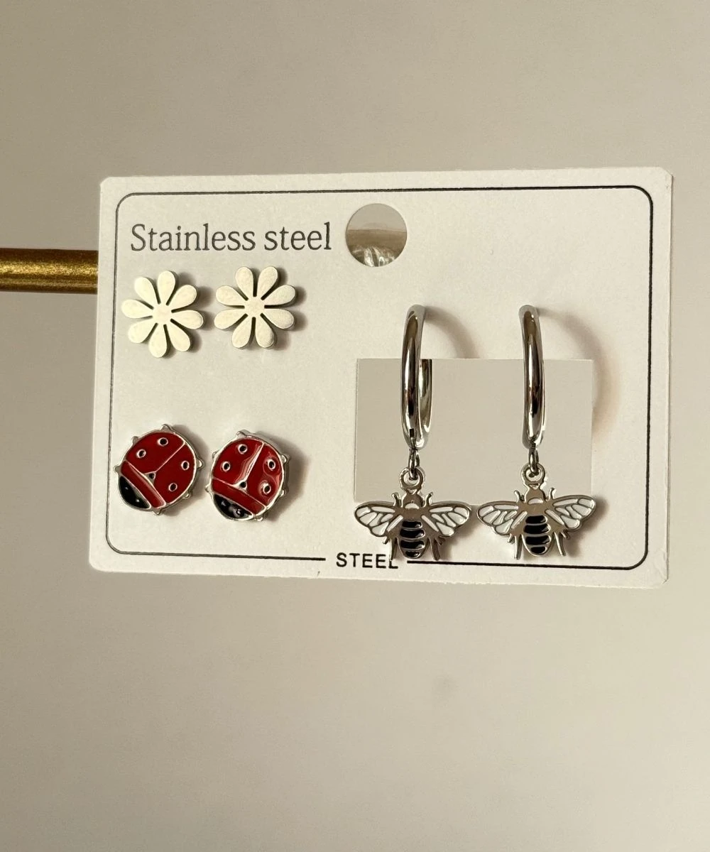 Çelik 6'Lı Uğur Böceği Papatya Silver Küpe