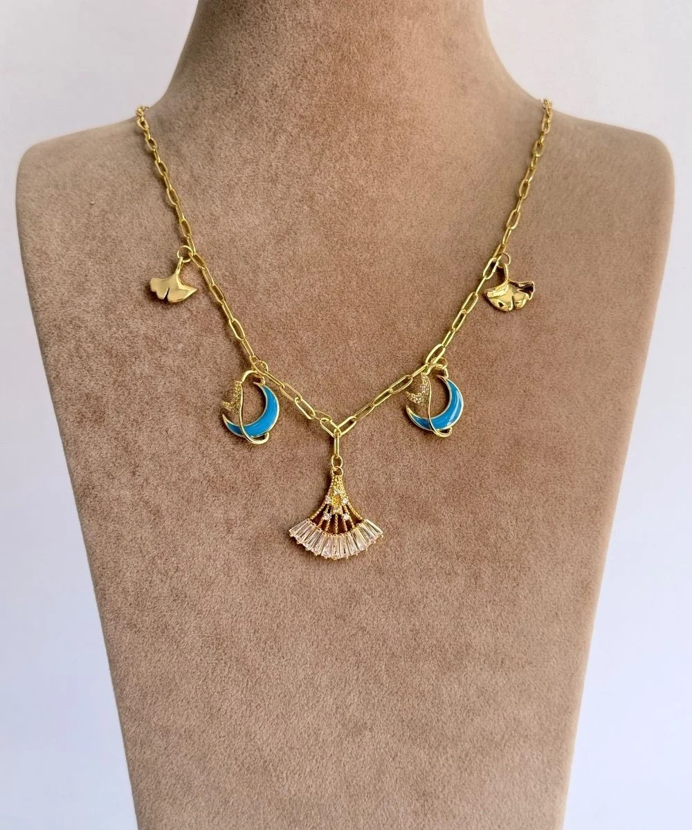 Çelik  Mavi Hilal Taşlı Yelpaze Kolye