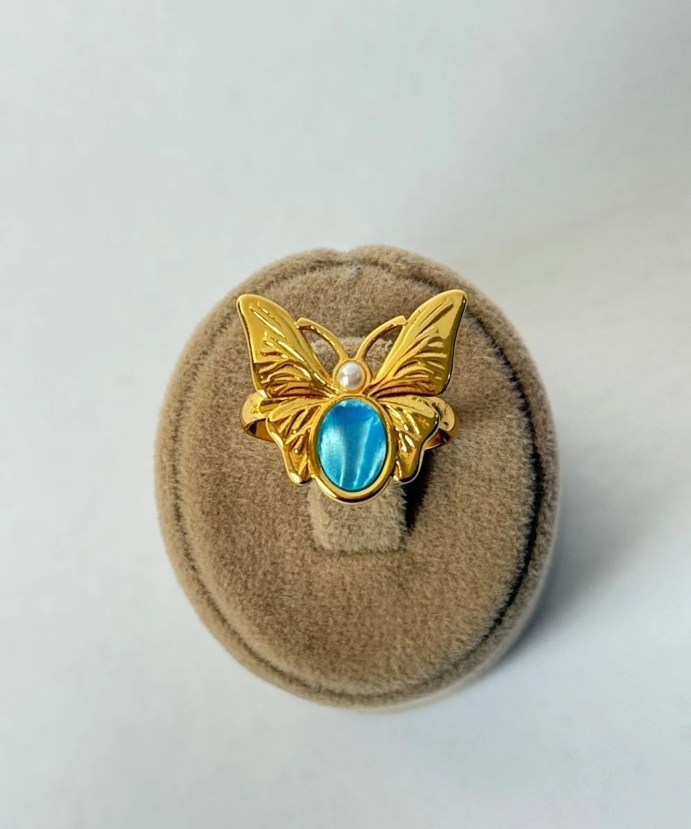 Çelik Mavi Parıltılı Kelebek Ayarlamalı Yüzük
