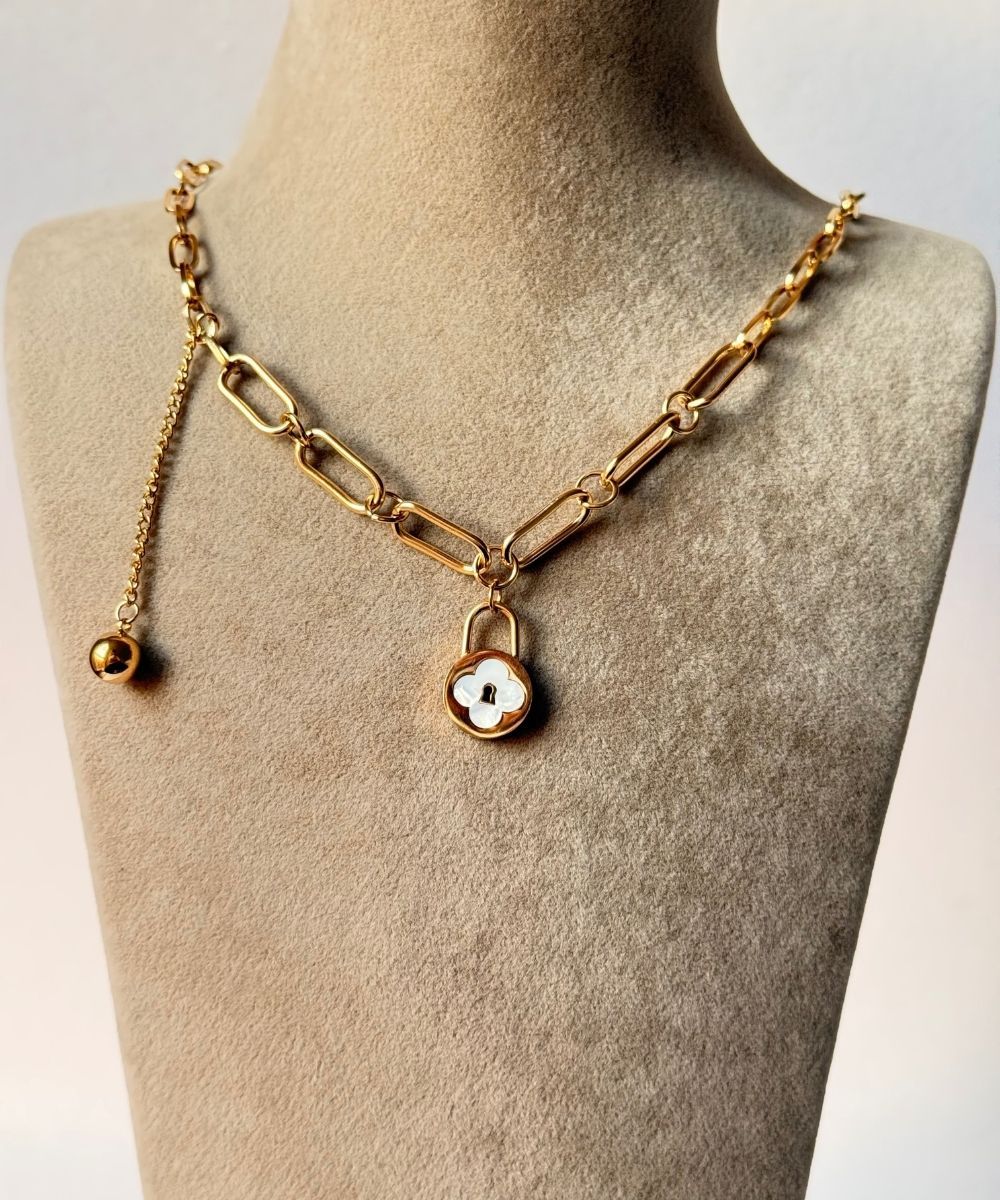 Çelik Kalın Zincirli Sedef Yonca Kolye