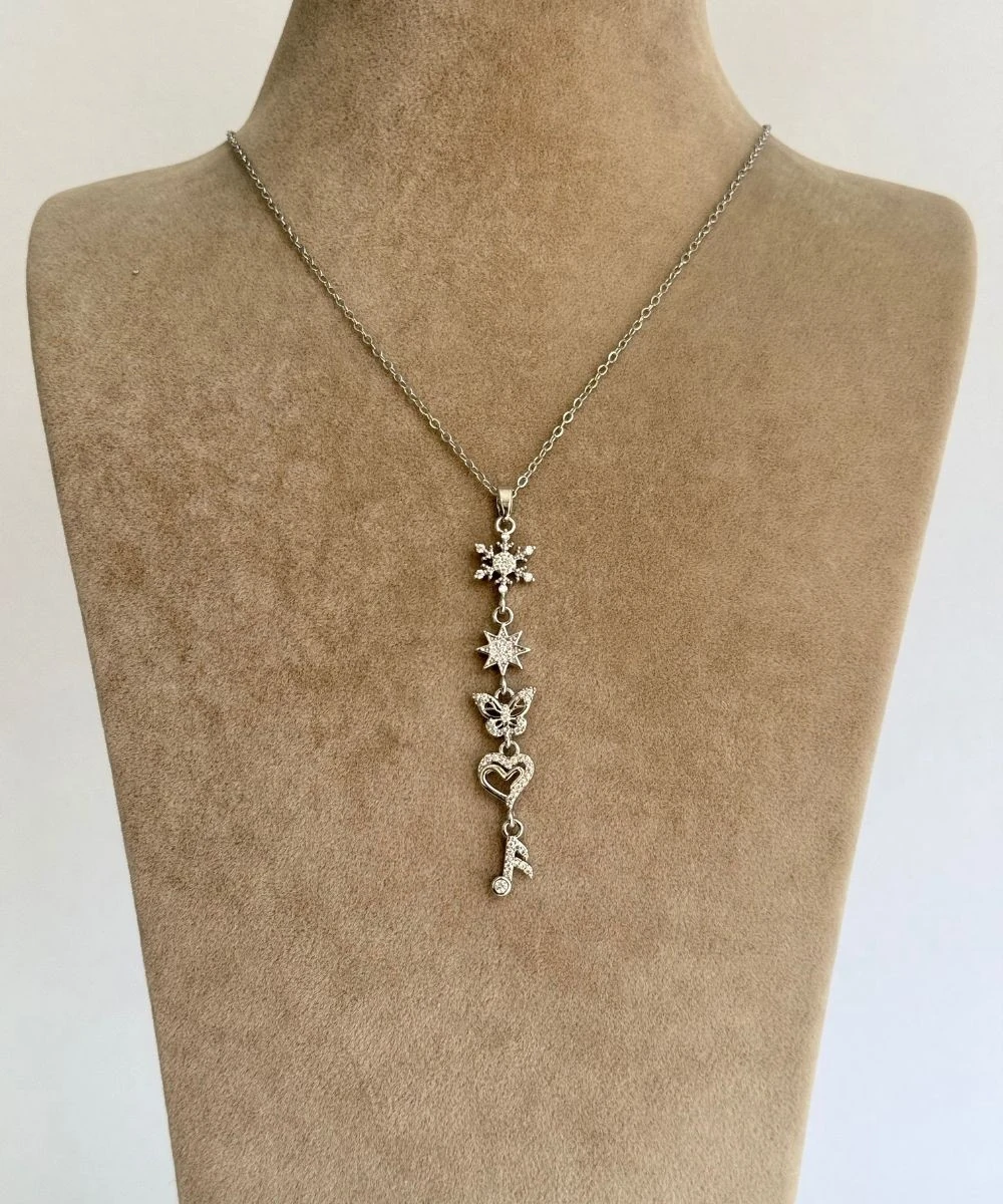 Çelik  Kalp Kar Tanesi Nota Silver Kolye