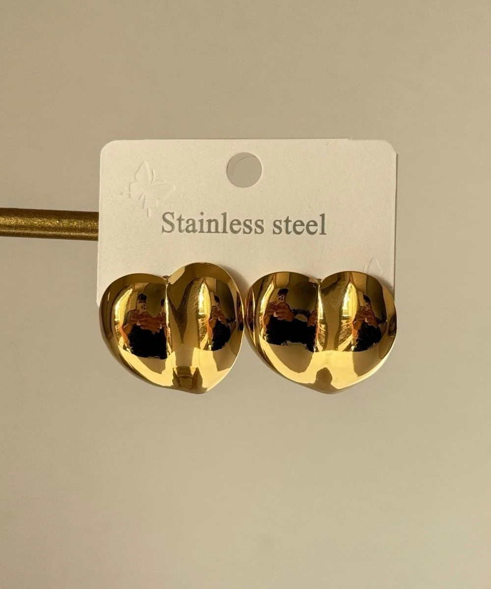 Çelik 2'Li Sade Kalp Gold Küpe