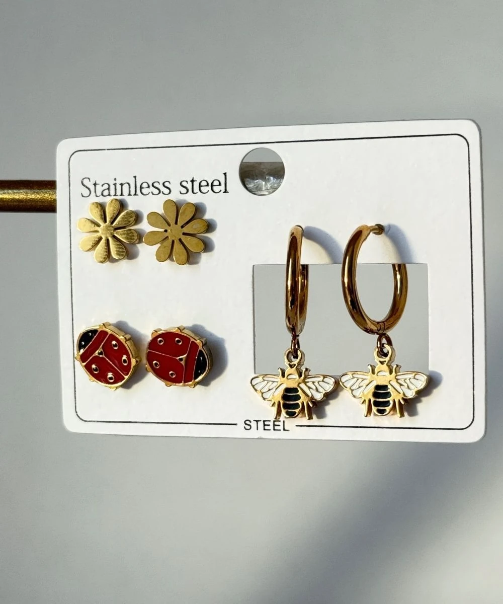 Çelik 6'Lı Uğur Böceği Papatya Gold Küpe